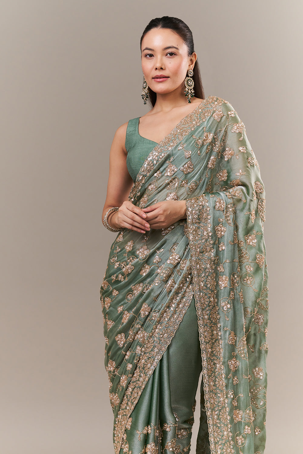 Sage Green Glass Organza Saree with Sequin and Cutdana Work