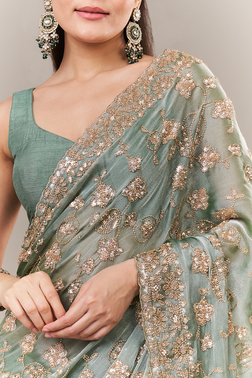 Sage Green Glass Organza Saree with Sequin and Cutdana Work