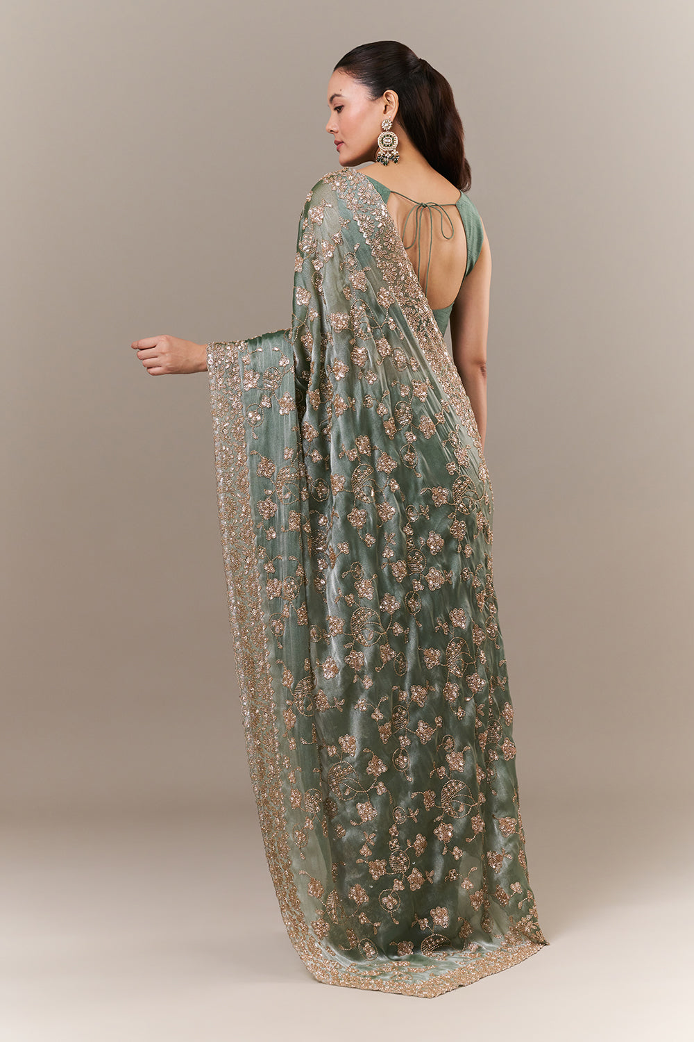 Sage Green Glass Organza Saree with Sequin and Cutdana Work
