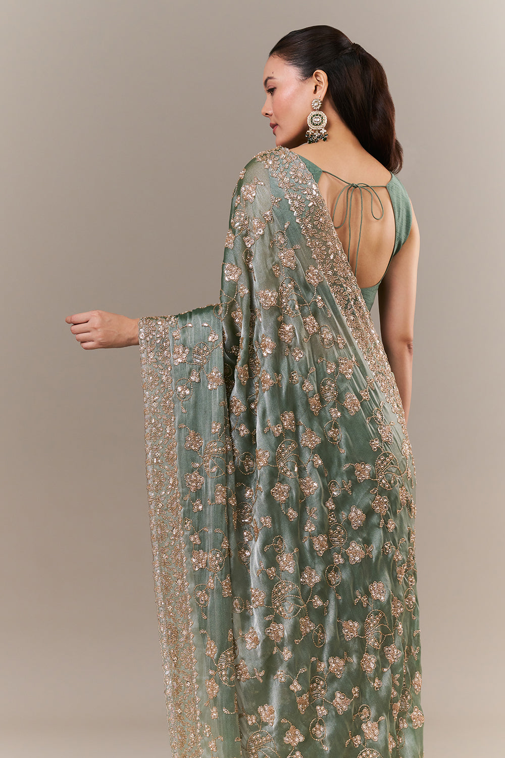 Sage Green Glass Organza Saree with Sequin and Cutdana Work