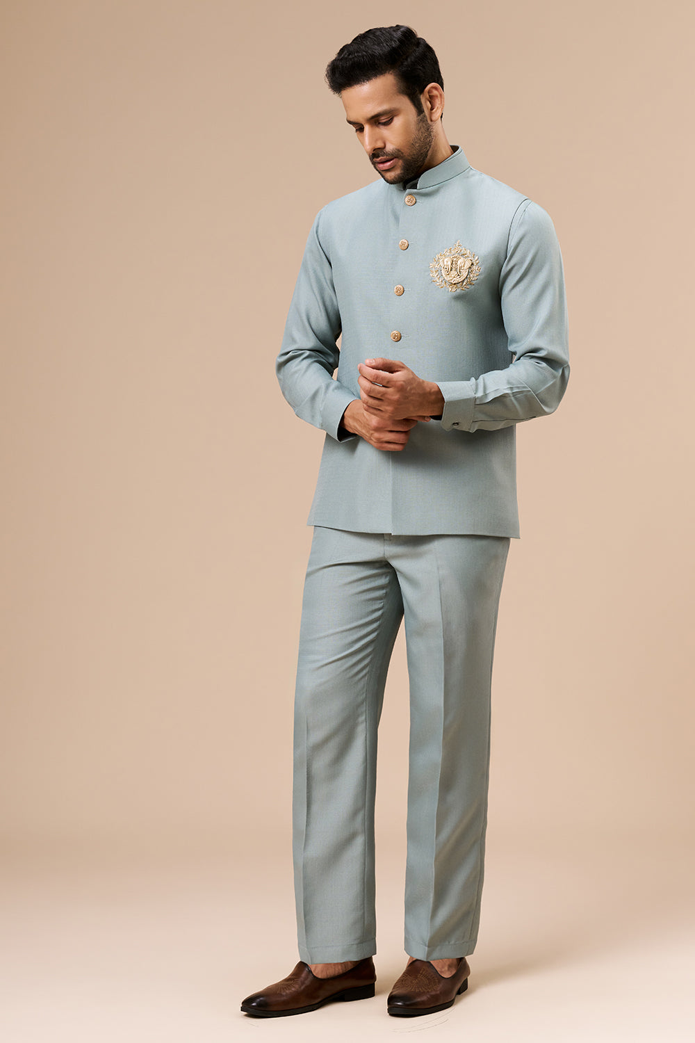 Sage Green Linen Bundi Set with Zardosi and Cut Dana Work