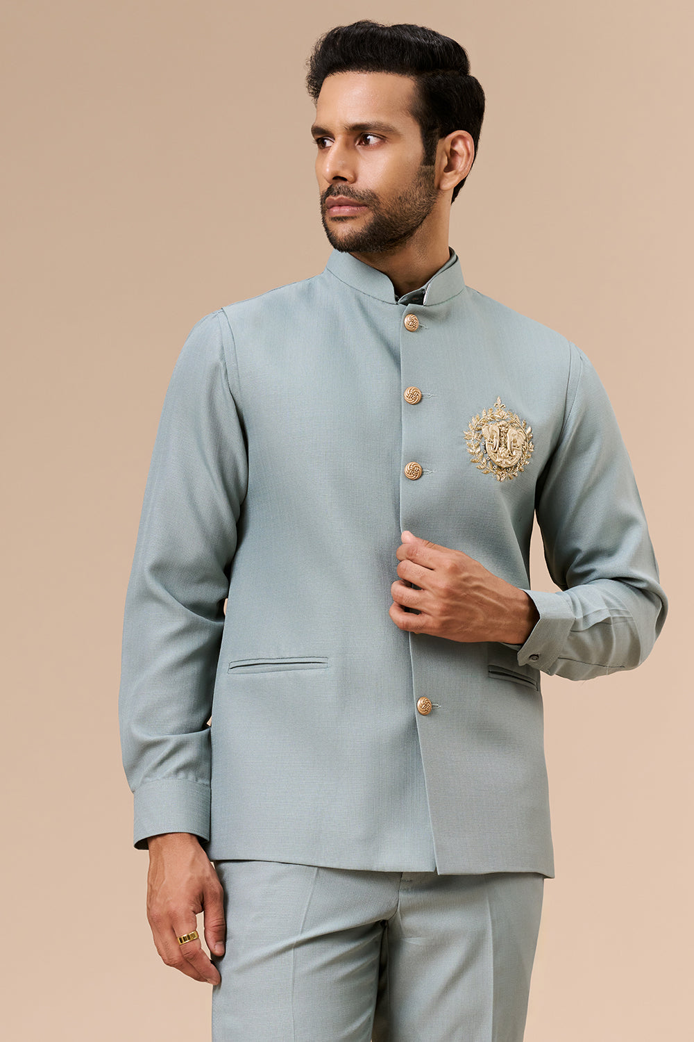 Sage Green Linen Bundi Set with Zardosi and Cut Dana Work