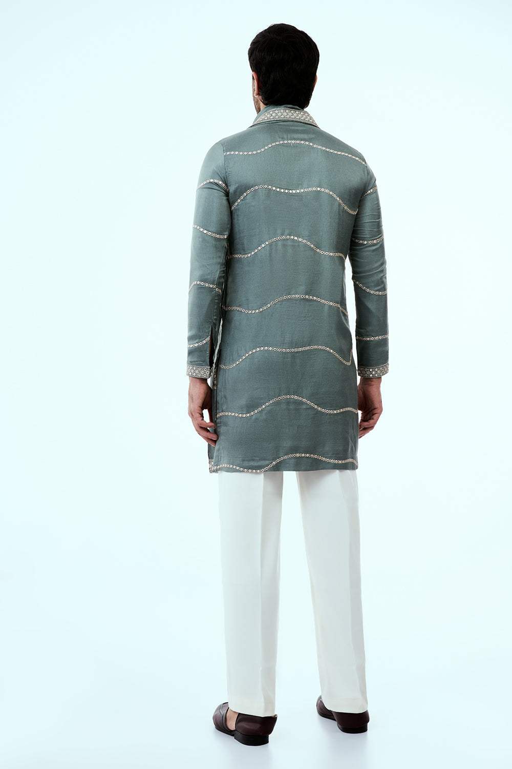 Sage Green Nokia Silk Mens Kurta Set with Mirror and Zari Work