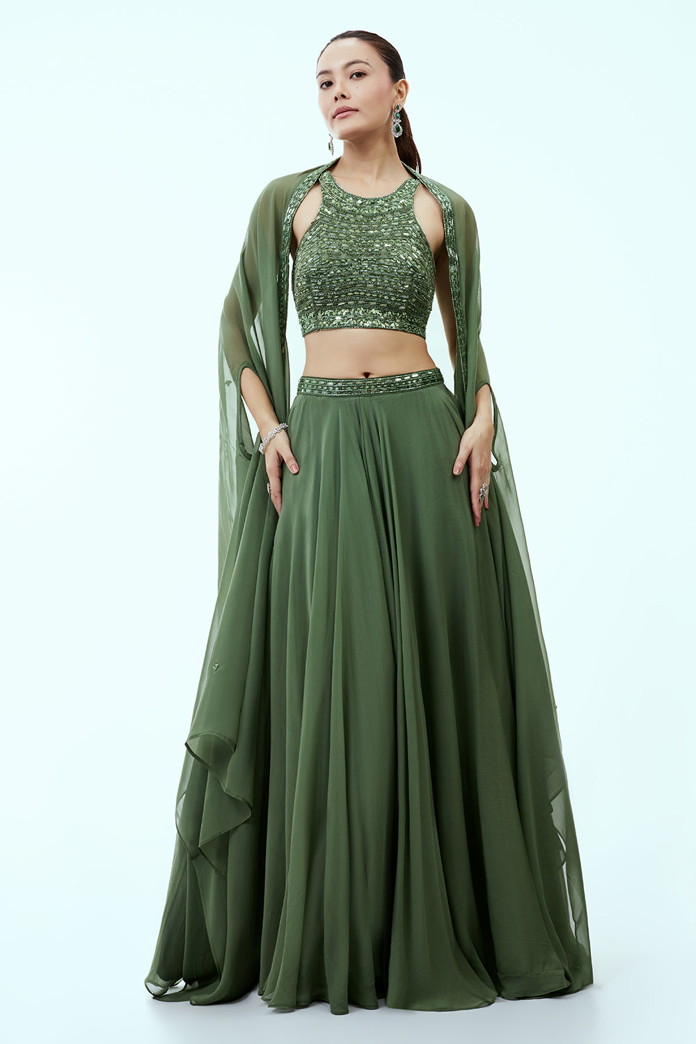 Sage Green Organza Lehenga with Handwork Blouse and Cape