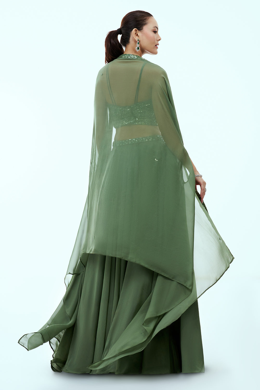 Sage Green Organza Lehenga with Handwork Blouse and Cape