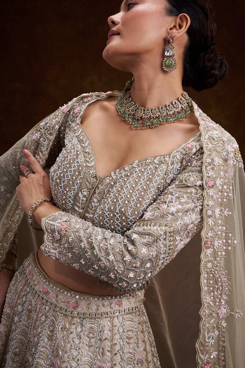 Sage Green Raw Silk Bridal Lehenga with Zardozi and Sequin Work