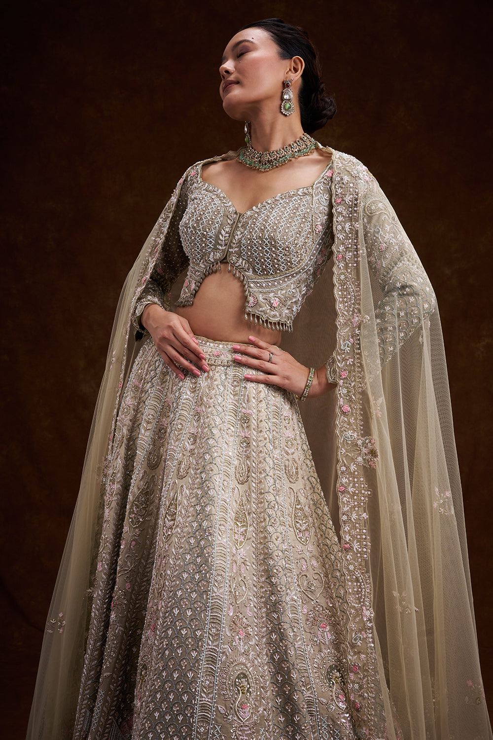 Sage Green Raw Silk Bridal Lehenga with Zardozi and Sequin Work