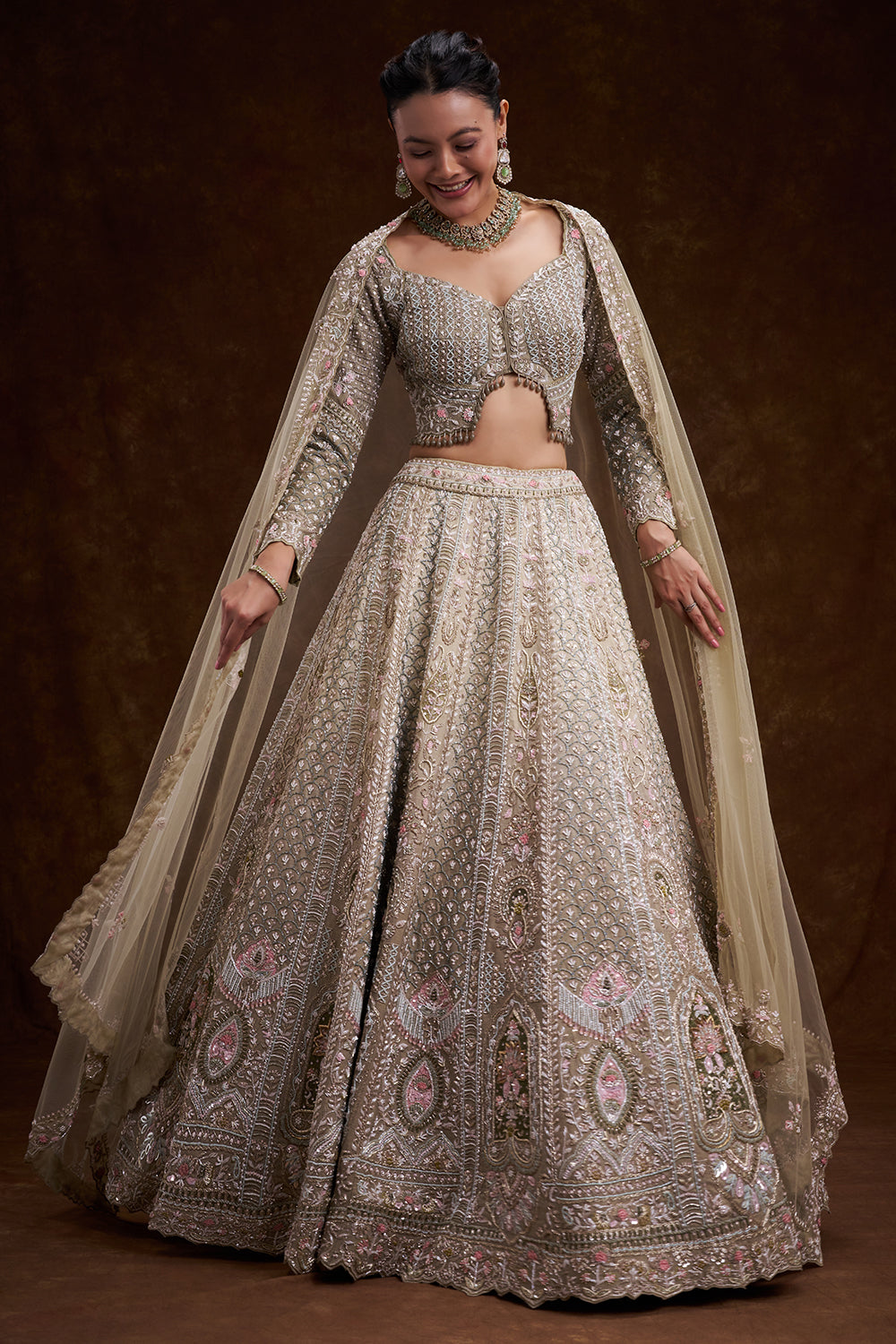Sage Green Raw Silk Bridal Lehenga with Zardozi and Sequin Work