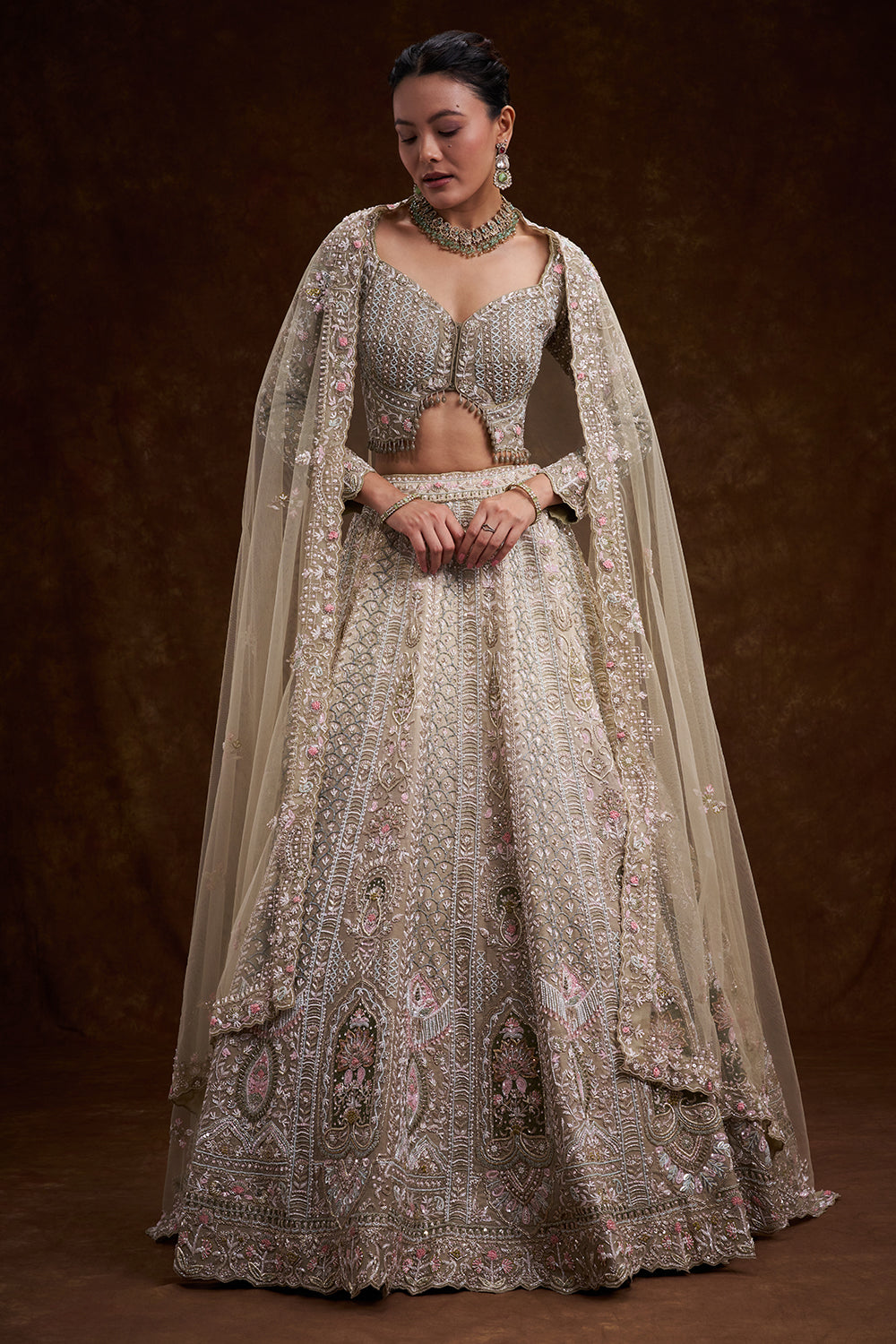 Sage Green Raw Silk Bridal Lehenga with Zardozi and Sequin Work