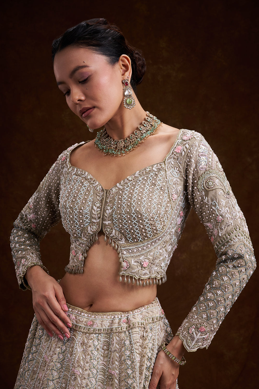 Sage Green Raw Silk Bridal Lehenga with Zardozi and Sequin Work