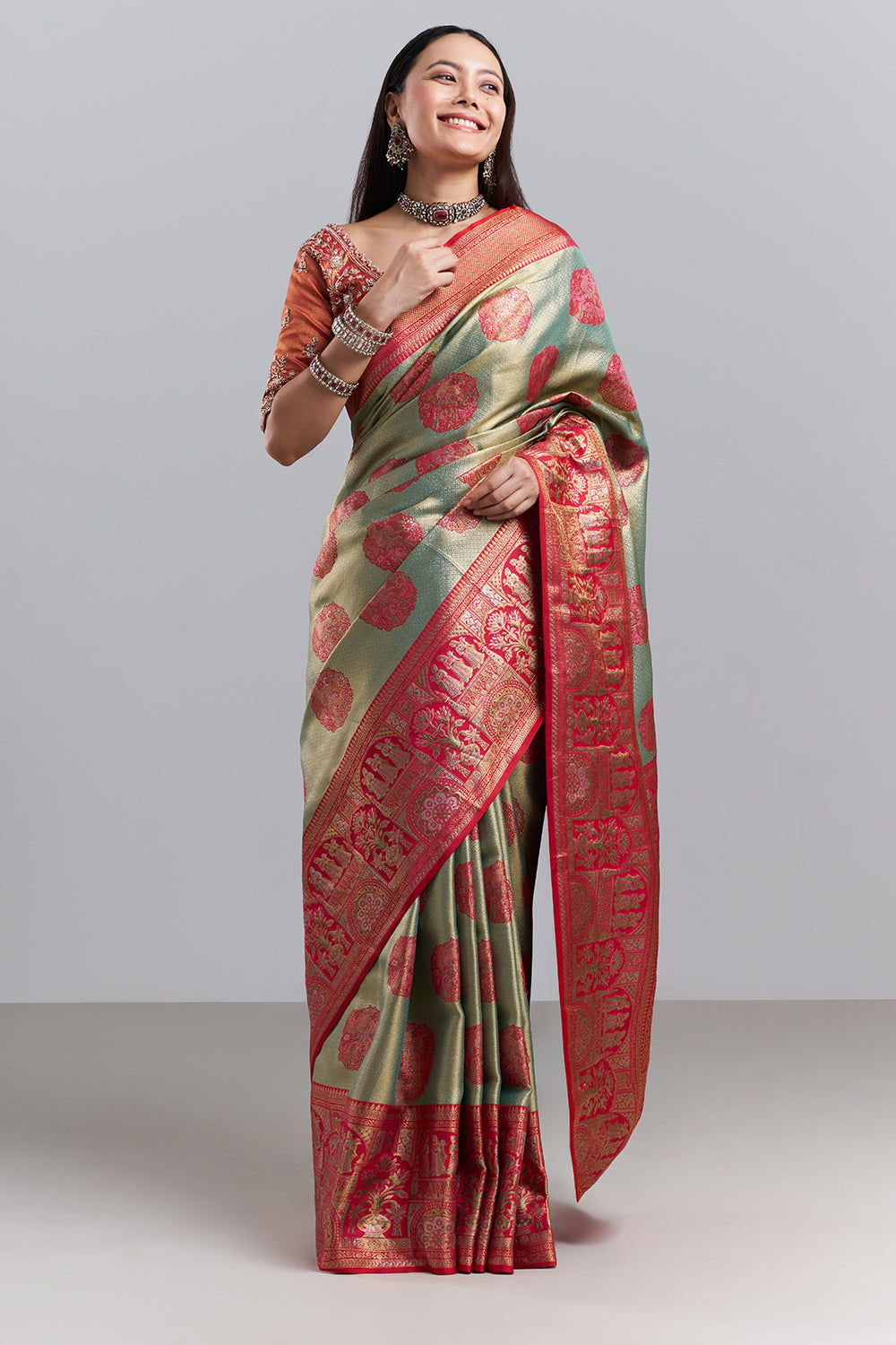Sage Green Red Banarasi Tissue Silk Printed Saree