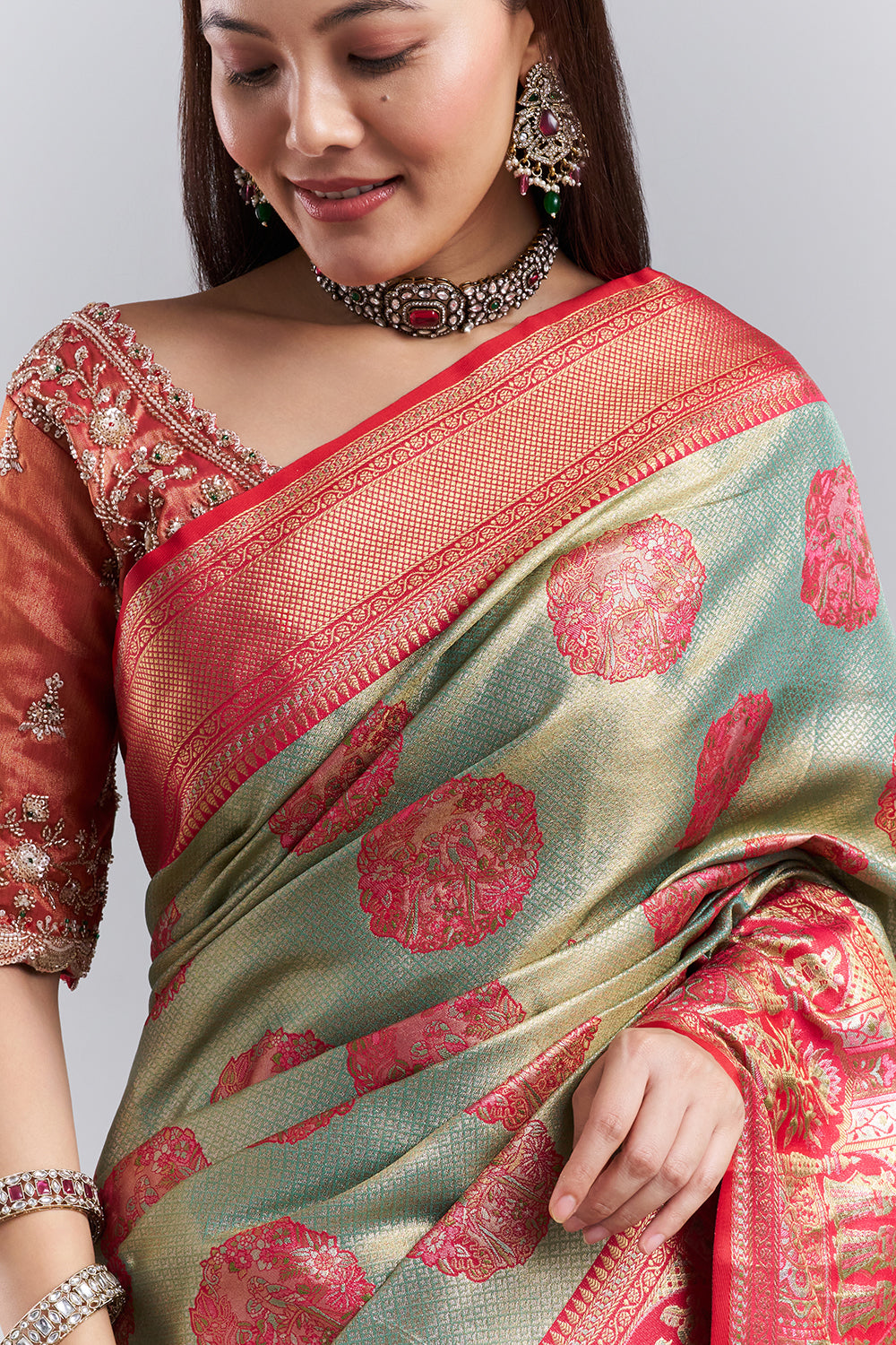 Sage Green Red Banarasi Tissue Silk Printed Saree