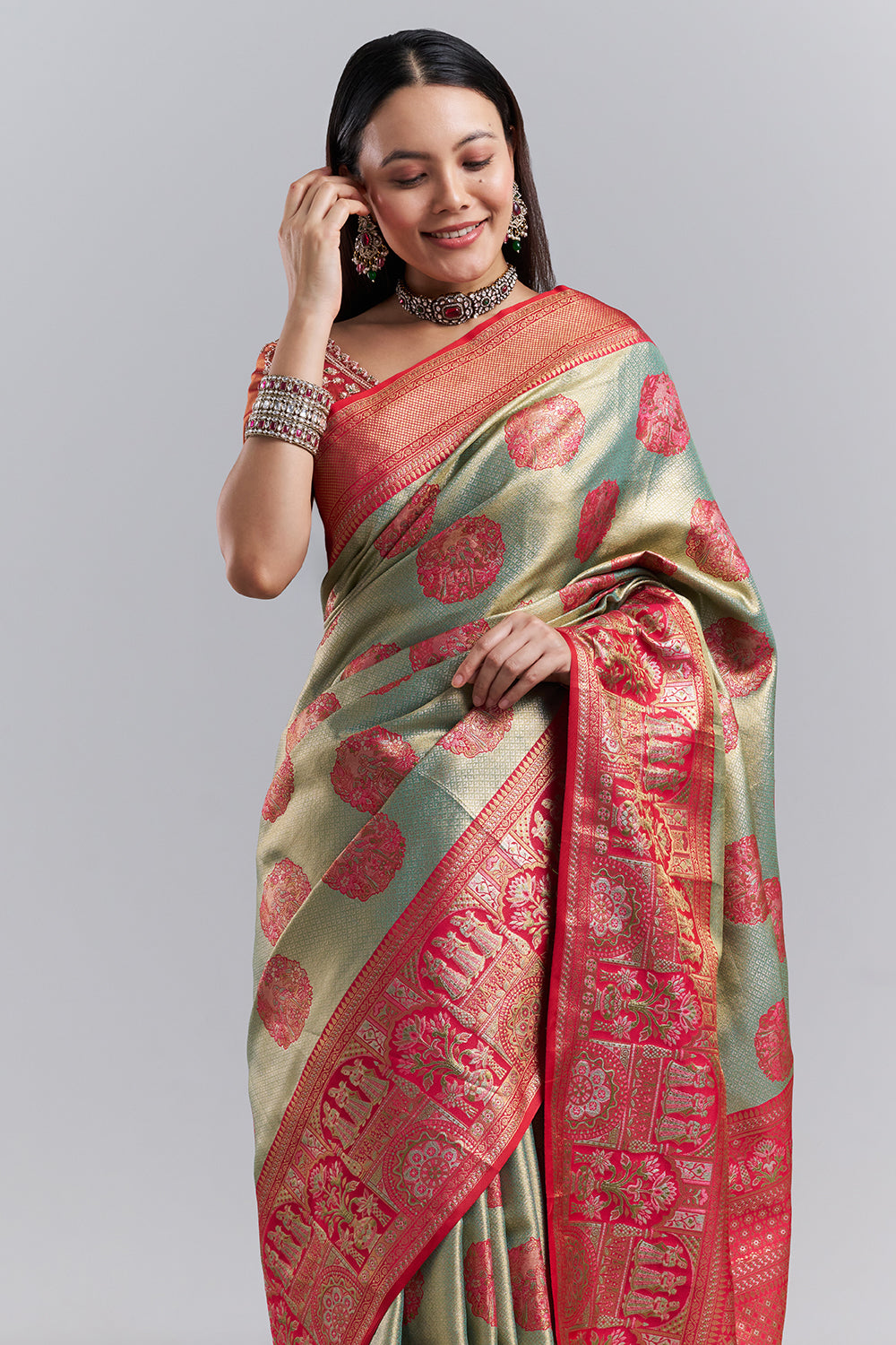 Sage Green Red Banarasi Tissue Silk Printed Saree