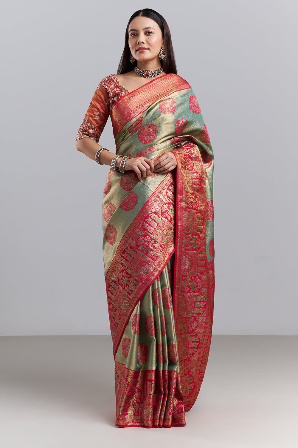Sage Green Red Banarasi Tissue Silk Printed Saree