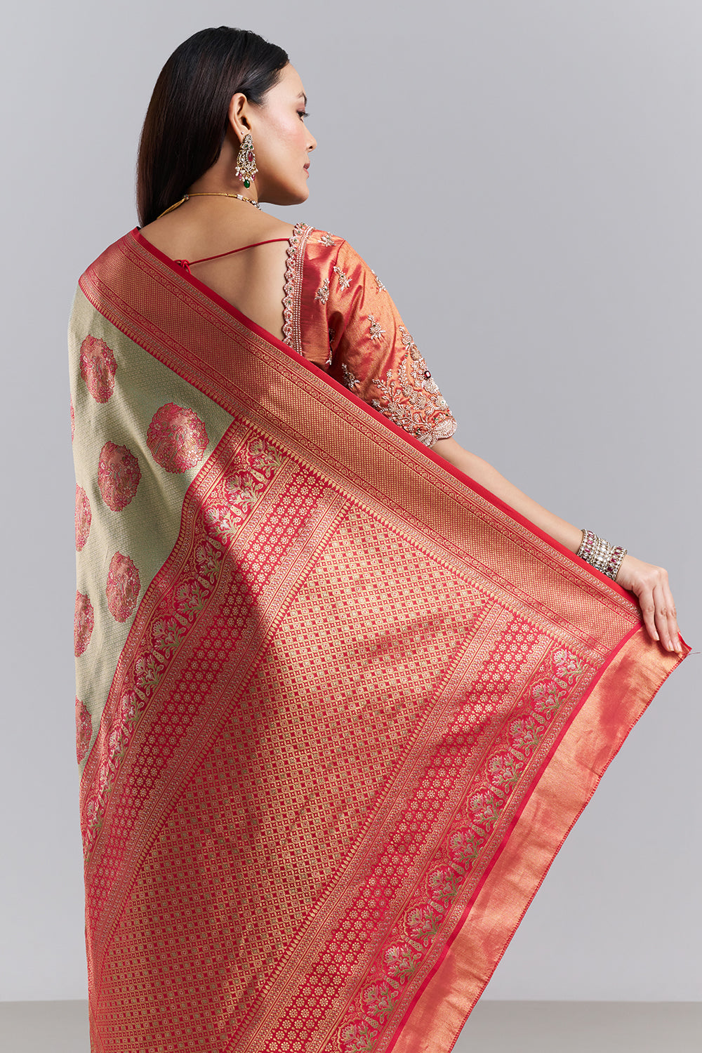 Sage Green Red Banarasi Tissue Silk Printed Saree