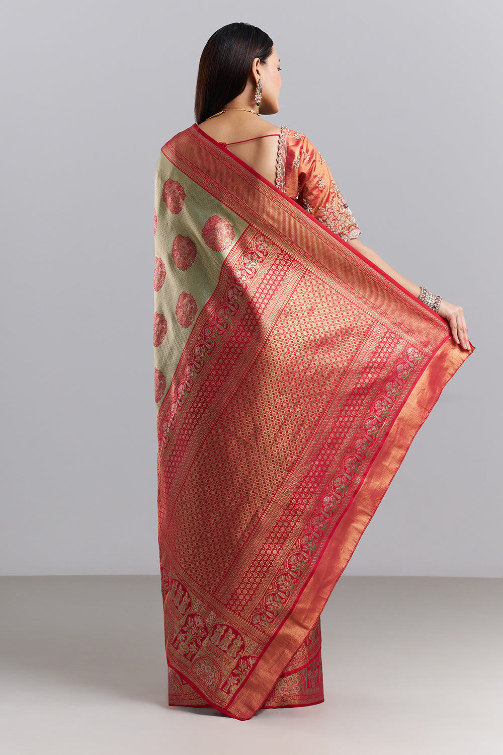 Sage Green Red Banarasi Tissue Silk Printed Saree