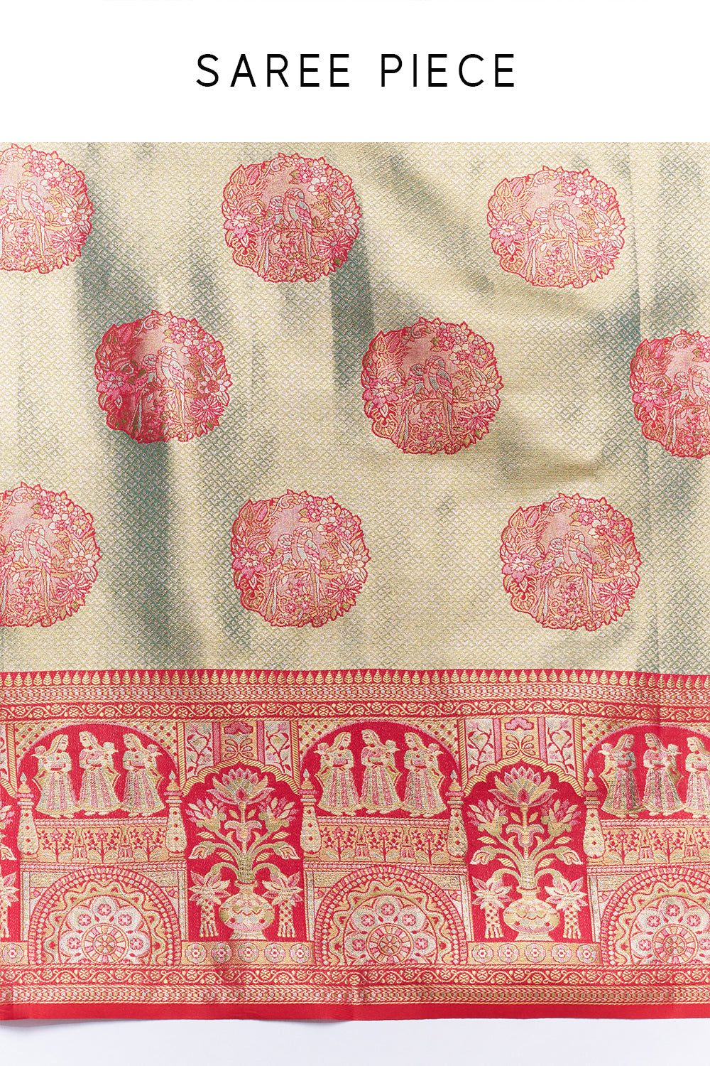Sage Green Red Banarasi Tissue Silk Printed Saree