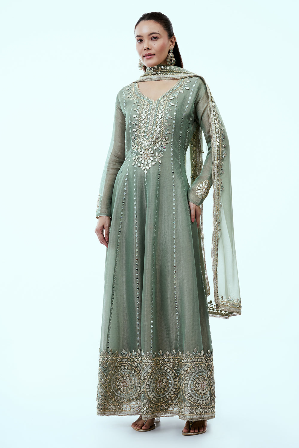 Sage Green Shimmer Tissue Anarkali Suit Set with Mirror and Gota Patti Work