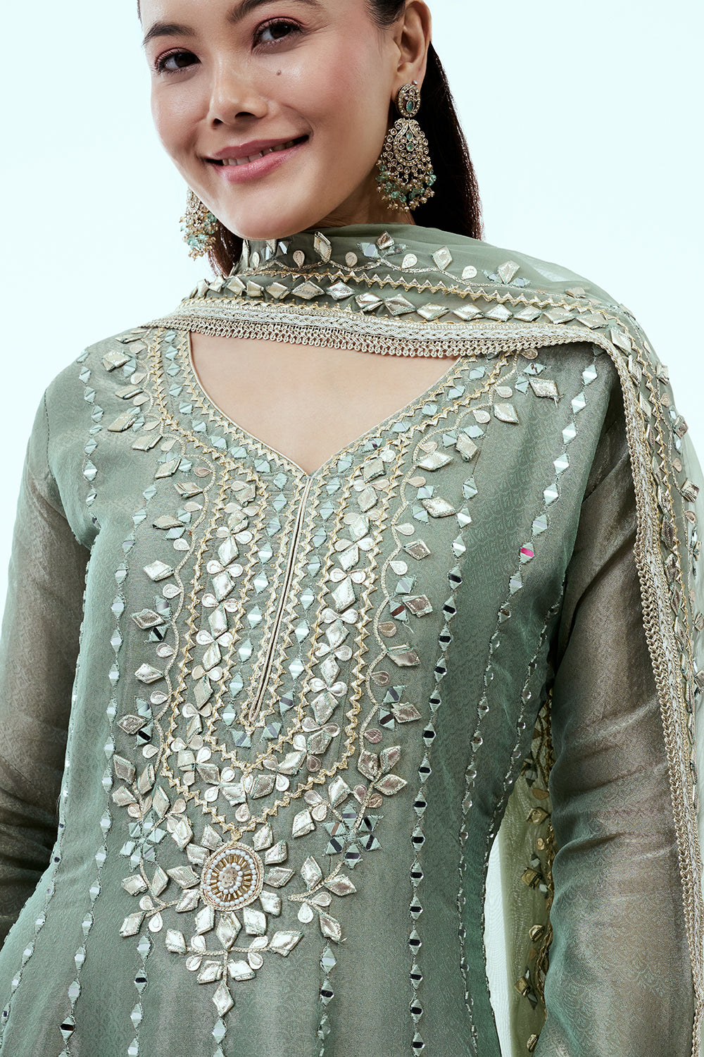 Sage Green Shimmer Tissue Anarkali Suit Set with Mirror and Gota Patti Work