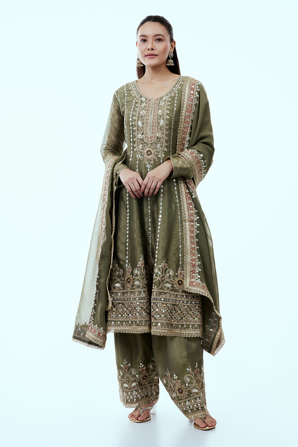 Sage Green Shimmer Tissue Palazzo Set with Gota Work