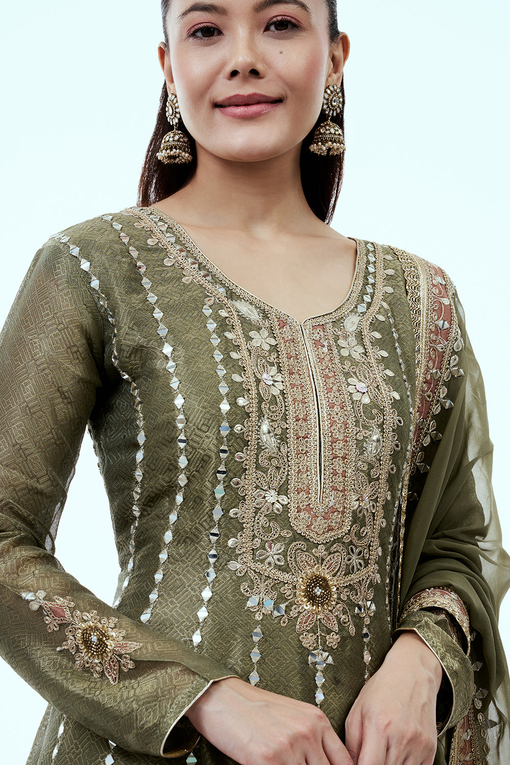 Sage Green Shimmer Tissue Palazzo Set with Gota Work