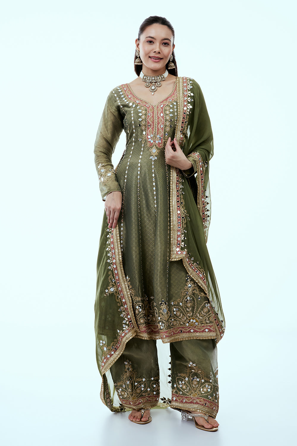 Sage Green Shimmer Tissue Suit Set with Mirror and Zari Work