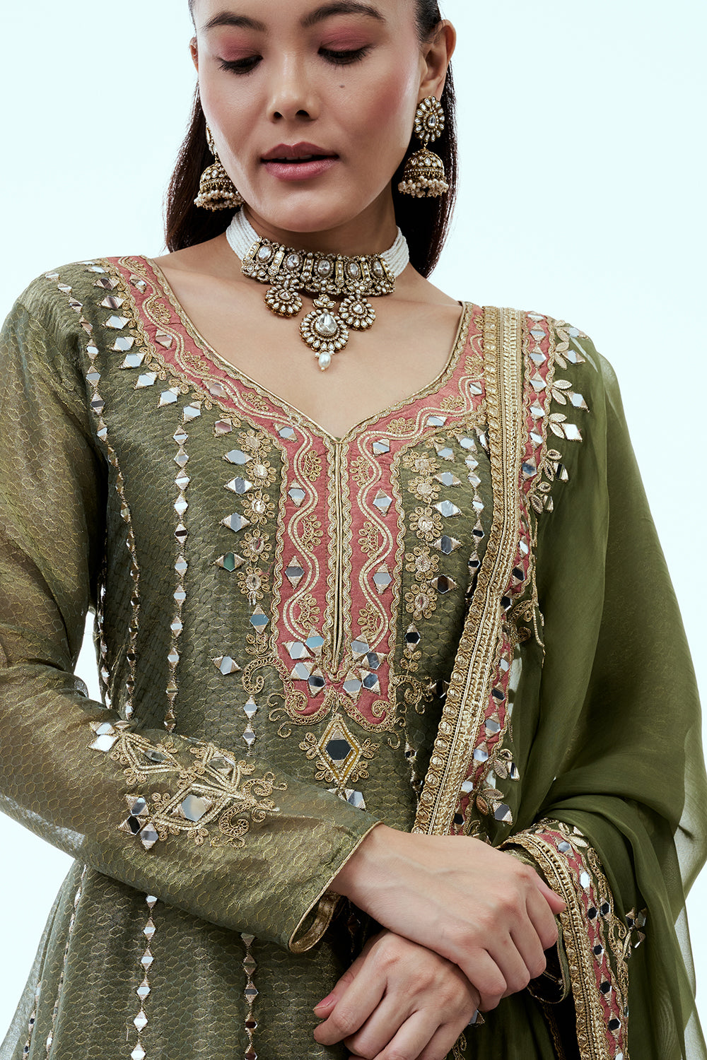 Sage Green Shimmer Tissue Suit Set with Mirror and Zari Work
