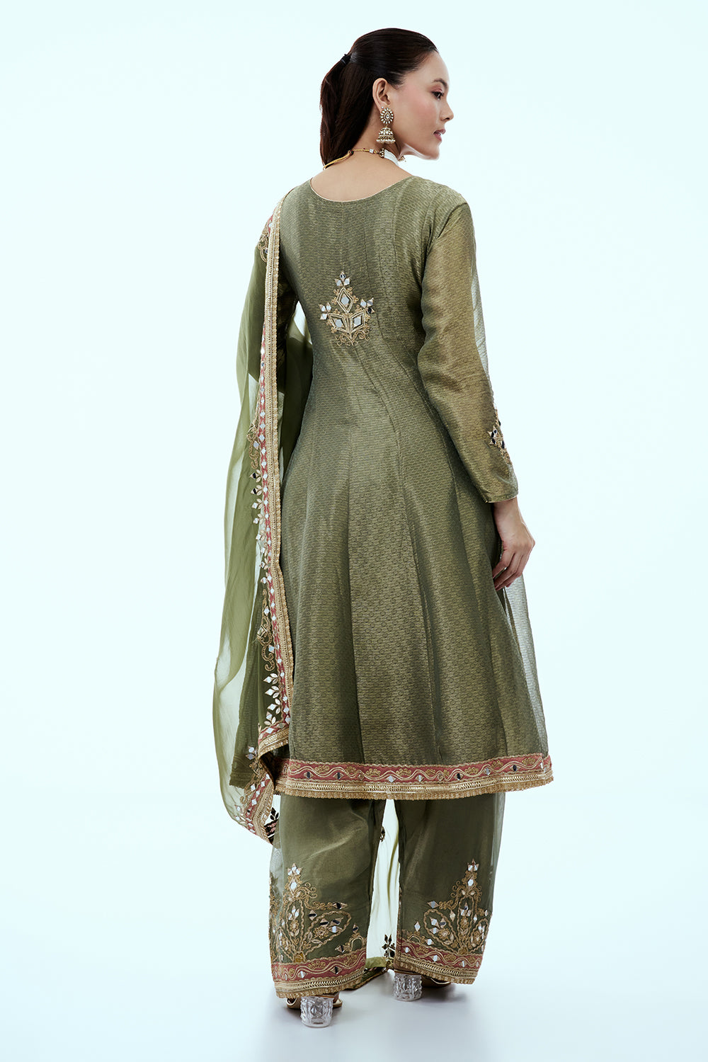 Sage Green Shimmer Tissue Suit Set with Mirror and Zari Work