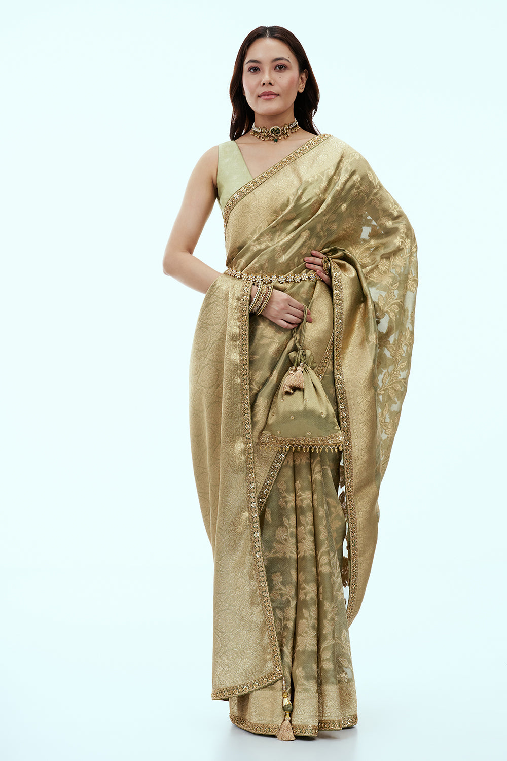 Sage Green Silk Woven Saree with Cutdana and Sequin Work