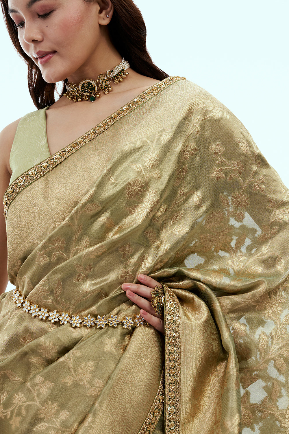Sage Green Silk Woven Saree with Cutdana and Sequin Work