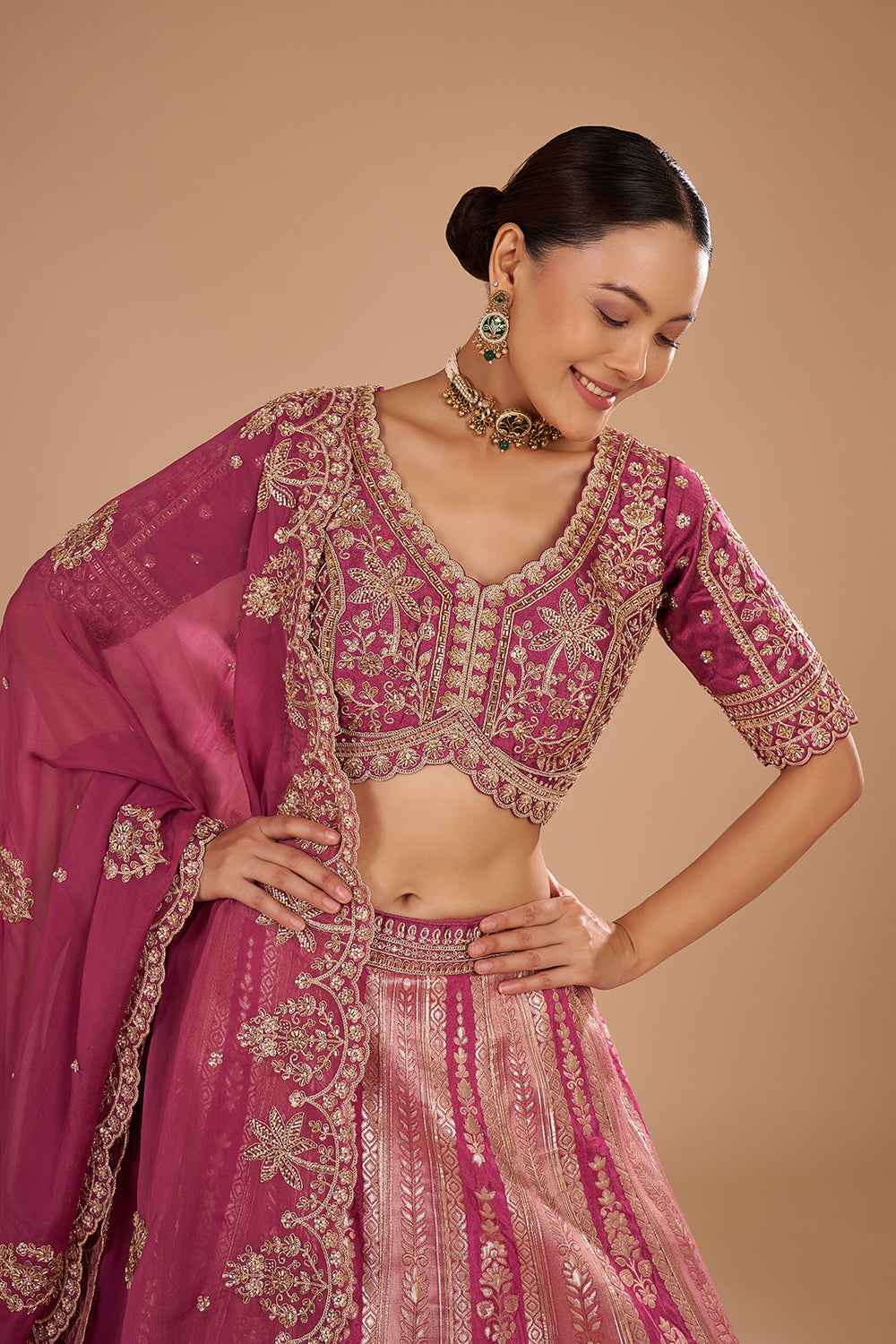 Salmon Pink Banarasi Silk Lehenga Set with Sequins and Zari