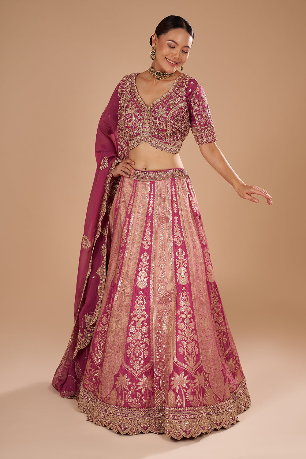 Salmon Pink Banarasi Silk Lehenga Set with Sequins and Zari