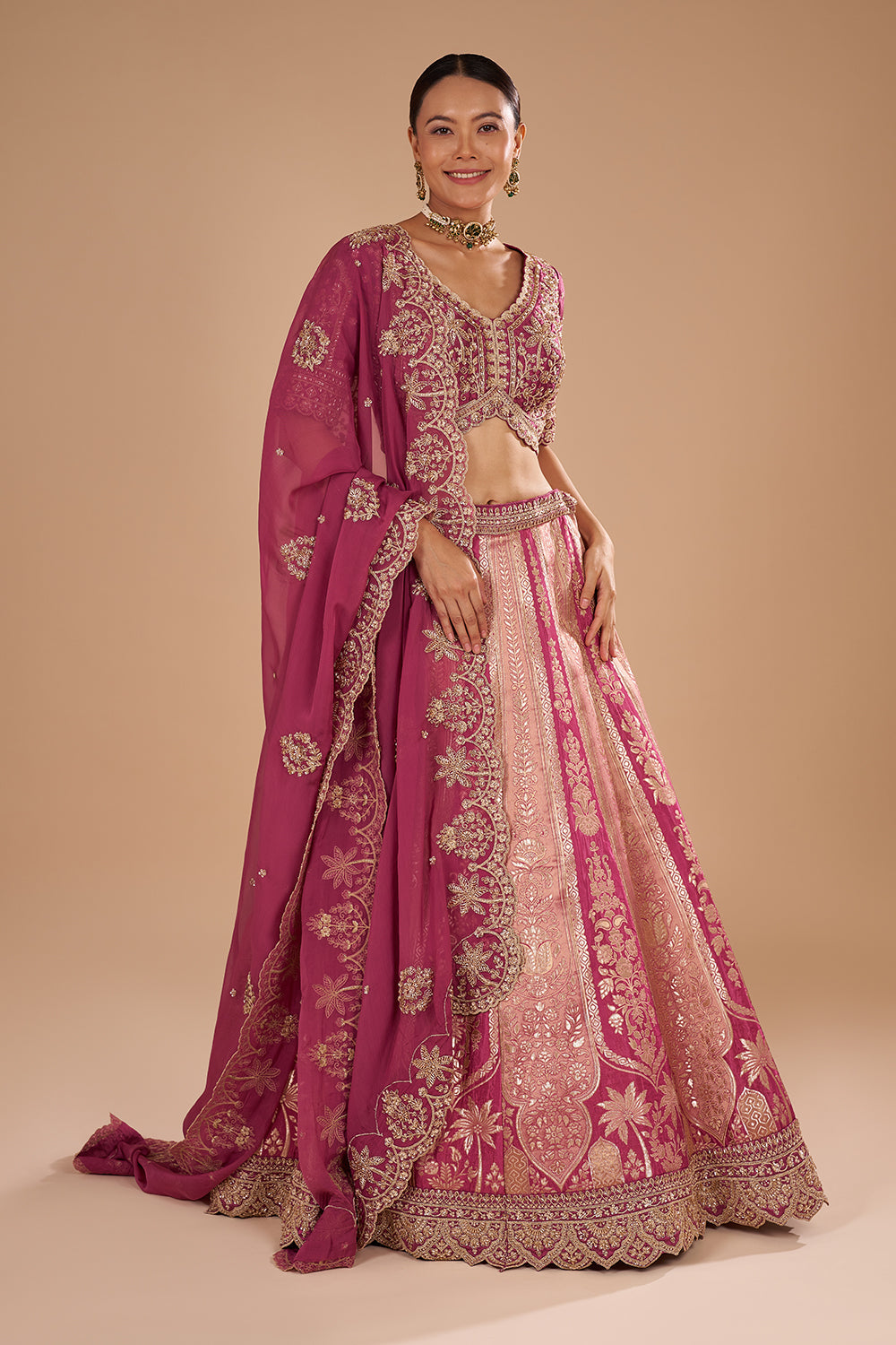 Salmon Pink Banarasi Silk Lehenga Set with Sequins and Zari