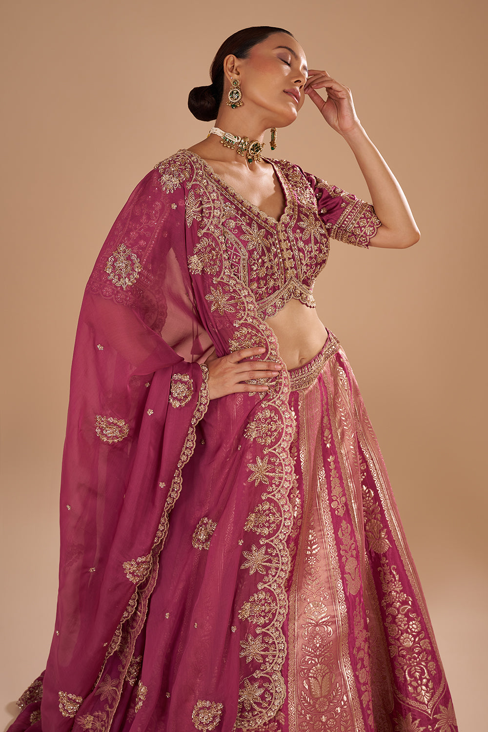 Salmon Pink Banarasi Silk Lehenga Set with Sequins and Zari