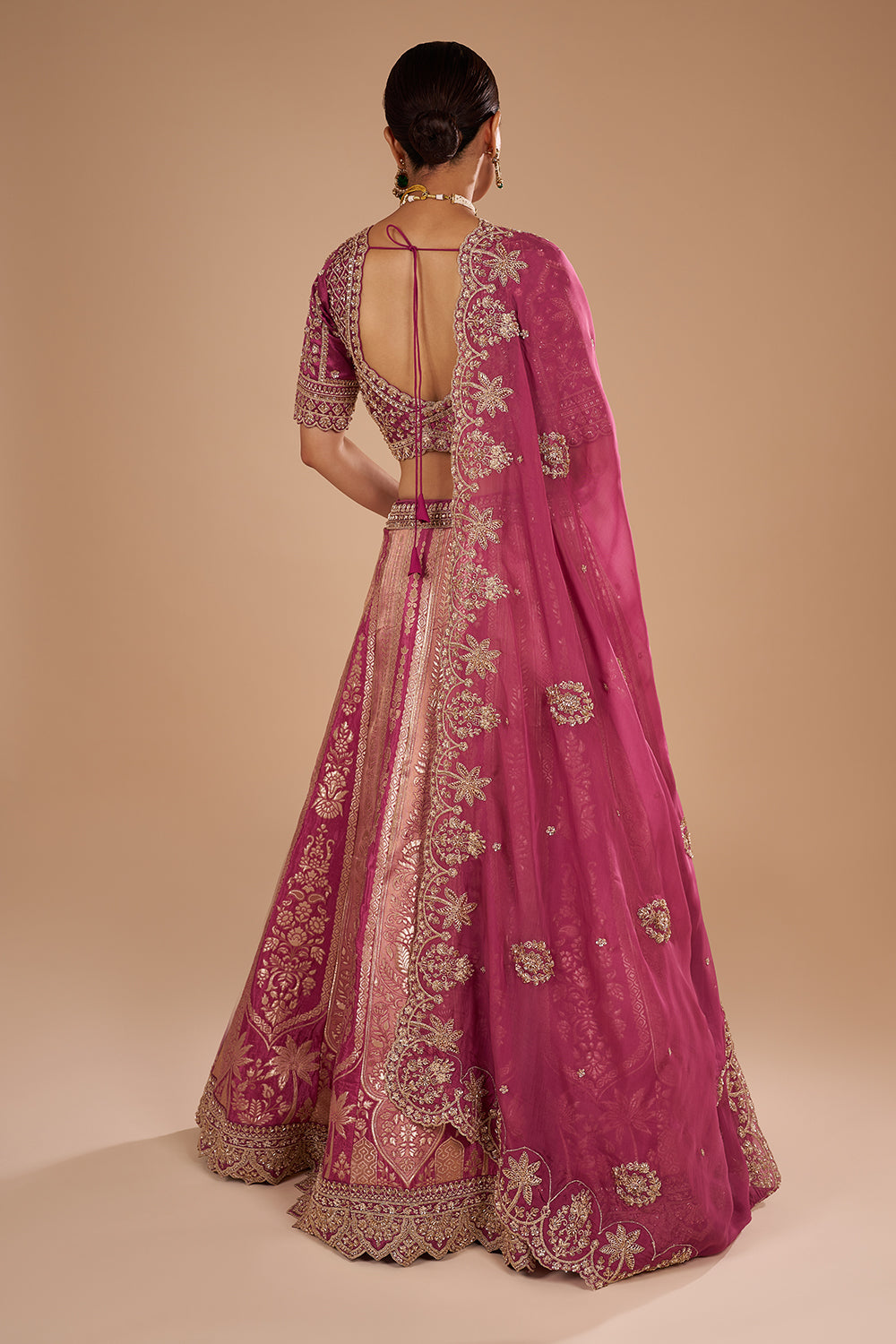 Salmon Pink Banarasi Silk Lehenga Set with Sequins and Zari