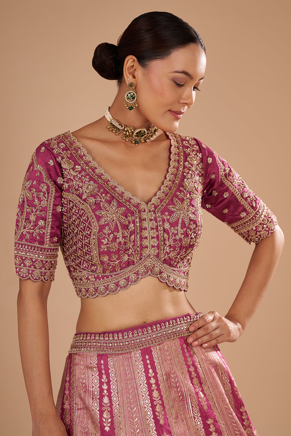 Salmon Pink Banarasi Silk Lehenga Set with Sequins and Zari