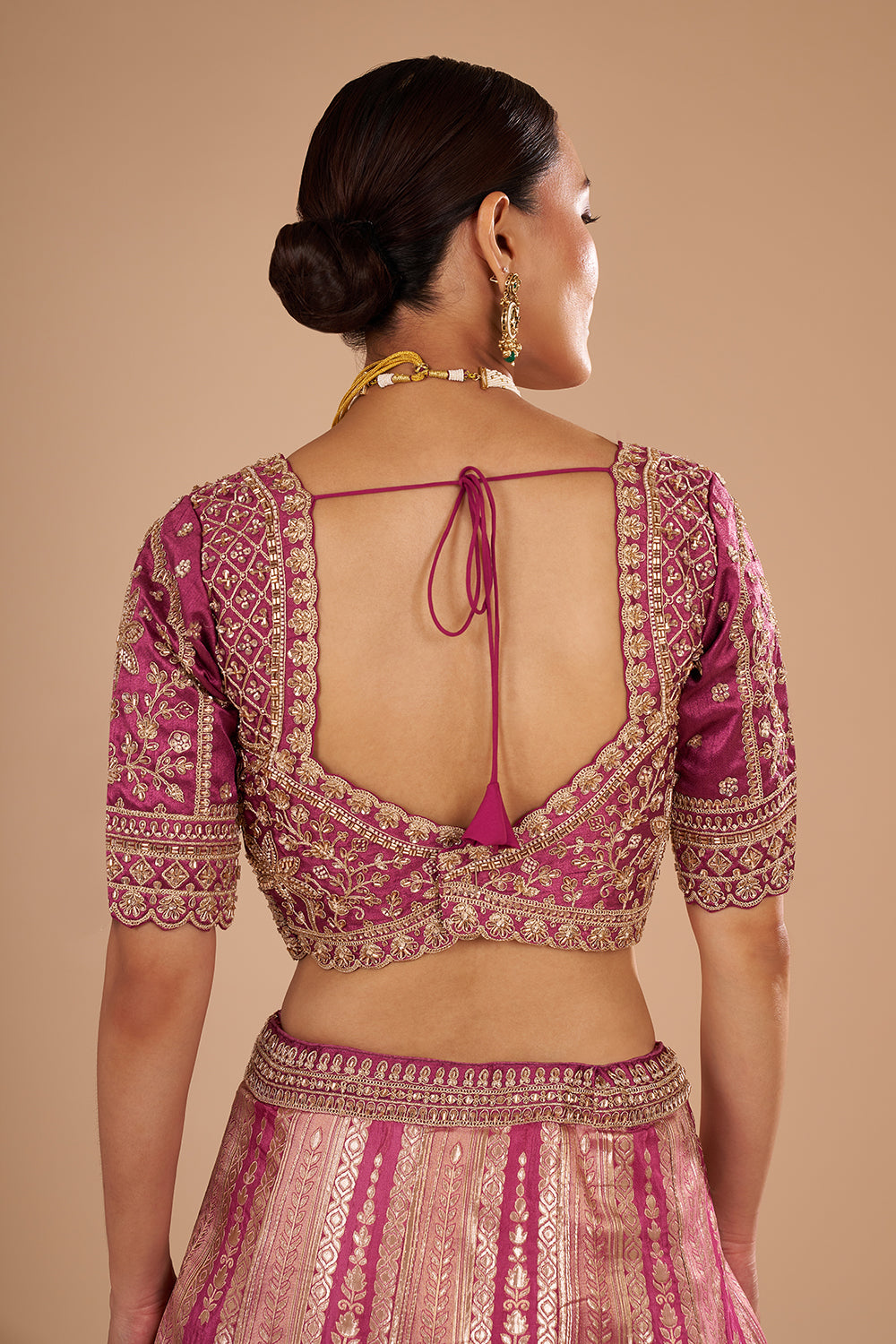 Salmon Pink Banarasi Silk Lehenga Set with Sequins and Zari