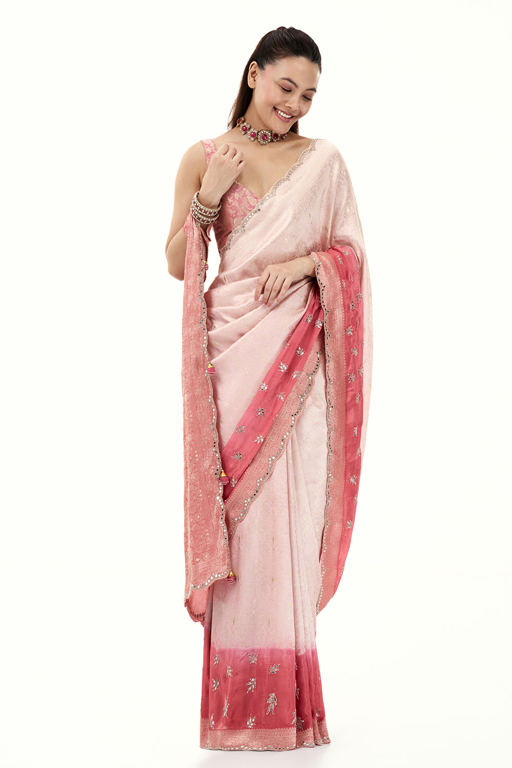 Salmon Pink Brocade Silk Woven Saree with Mirror and Cutdana Work