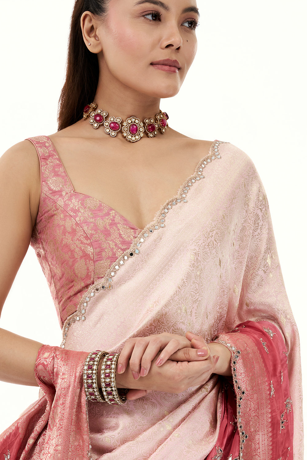 Salmon Pink Brocade Silk Woven Saree with Mirror and Cutdana Work