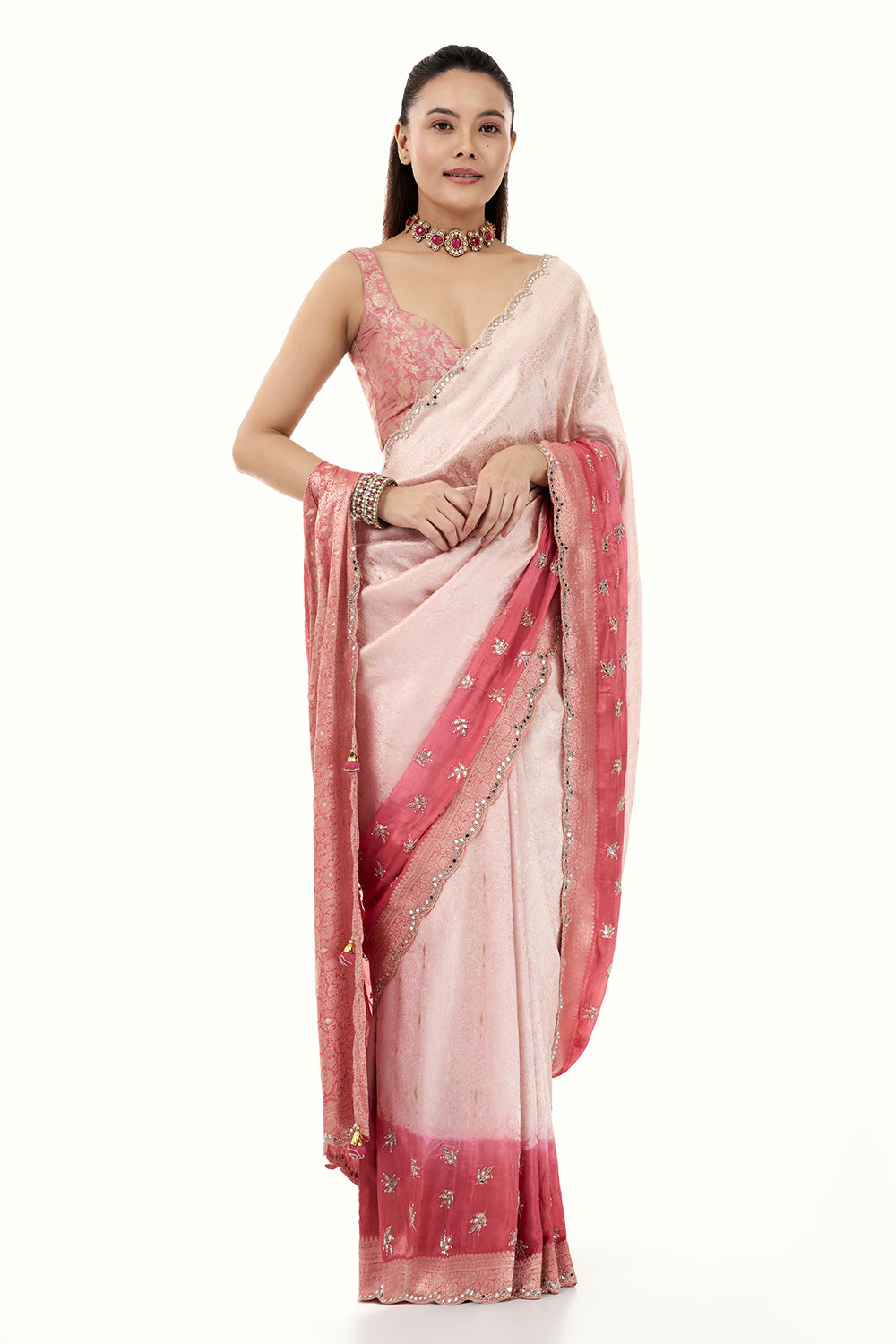 Salmon Pink Brocade Silk Woven Saree with Mirror and Cutdana Work