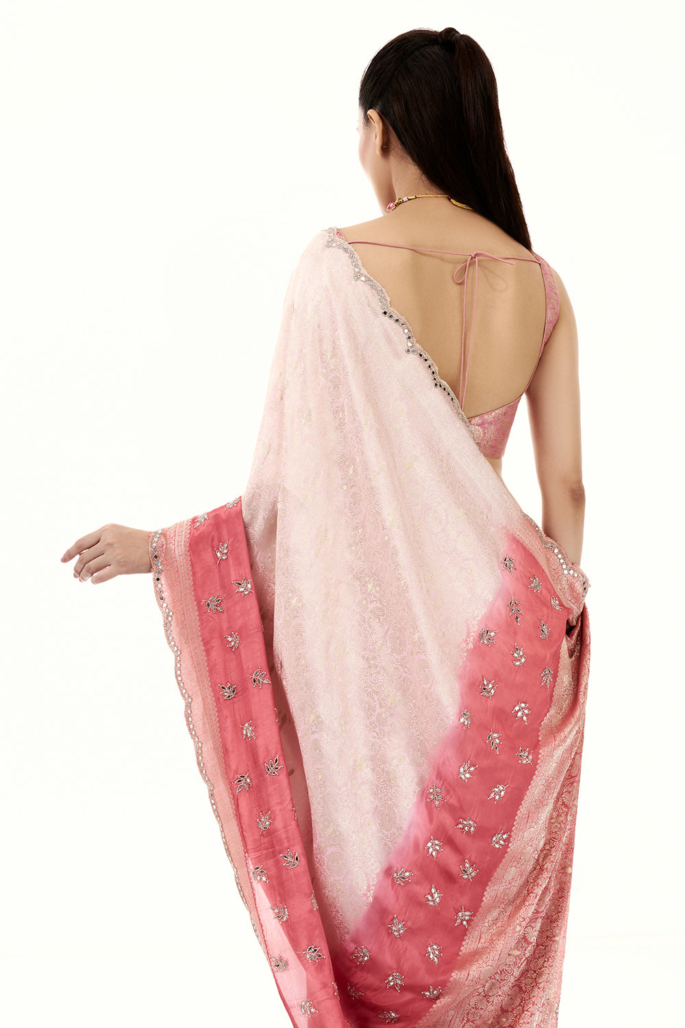 Salmon Pink Brocade Silk Woven Saree with Mirror and Cutdana Work