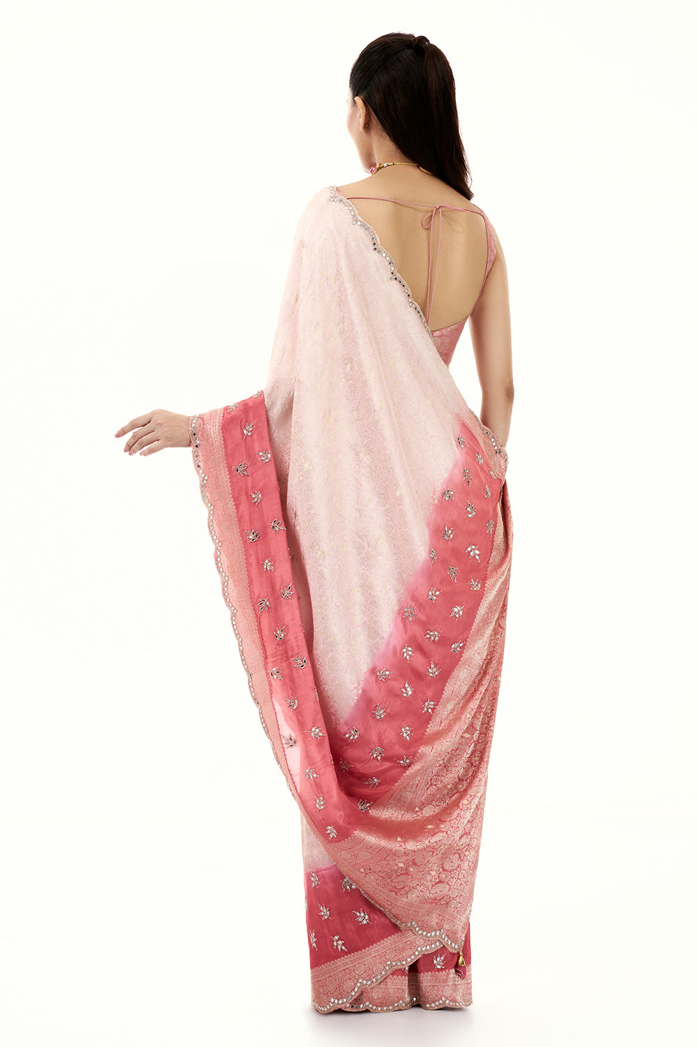 Salmon Pink Brocade Silk Woven Saree with Mirror and Cutdana Work