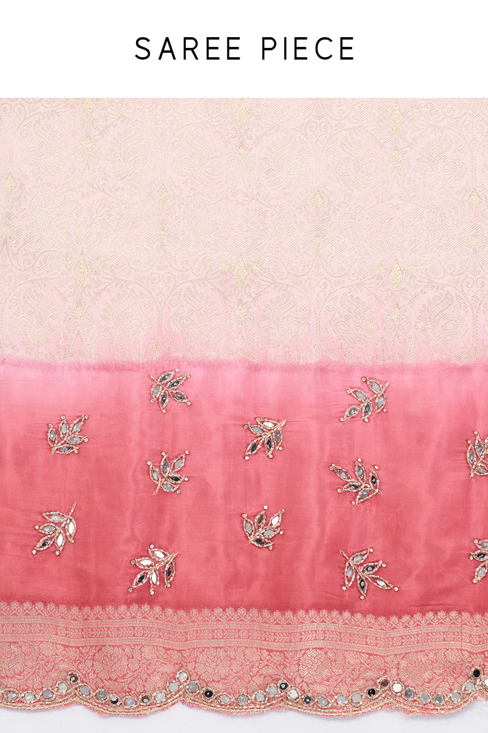 Salmon Pink Brocade Silk Woven Saree with Mirror and Cutdana Work