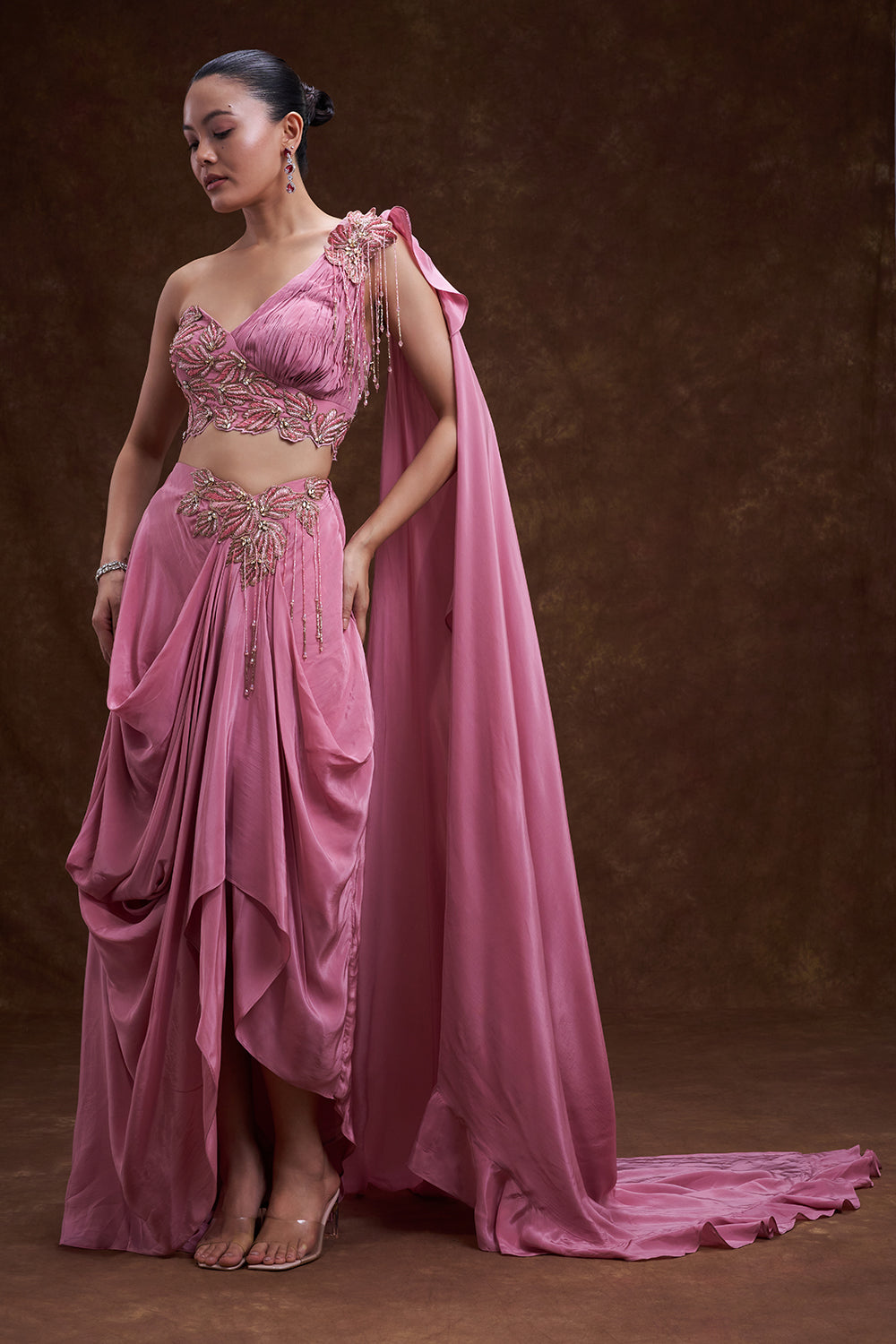 Salmon Pink Embellished Drape Skirt Set with Cape