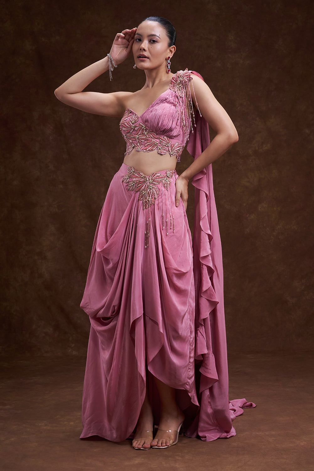 Salmon Pink Embellished Drape Skirt Set with Cape
