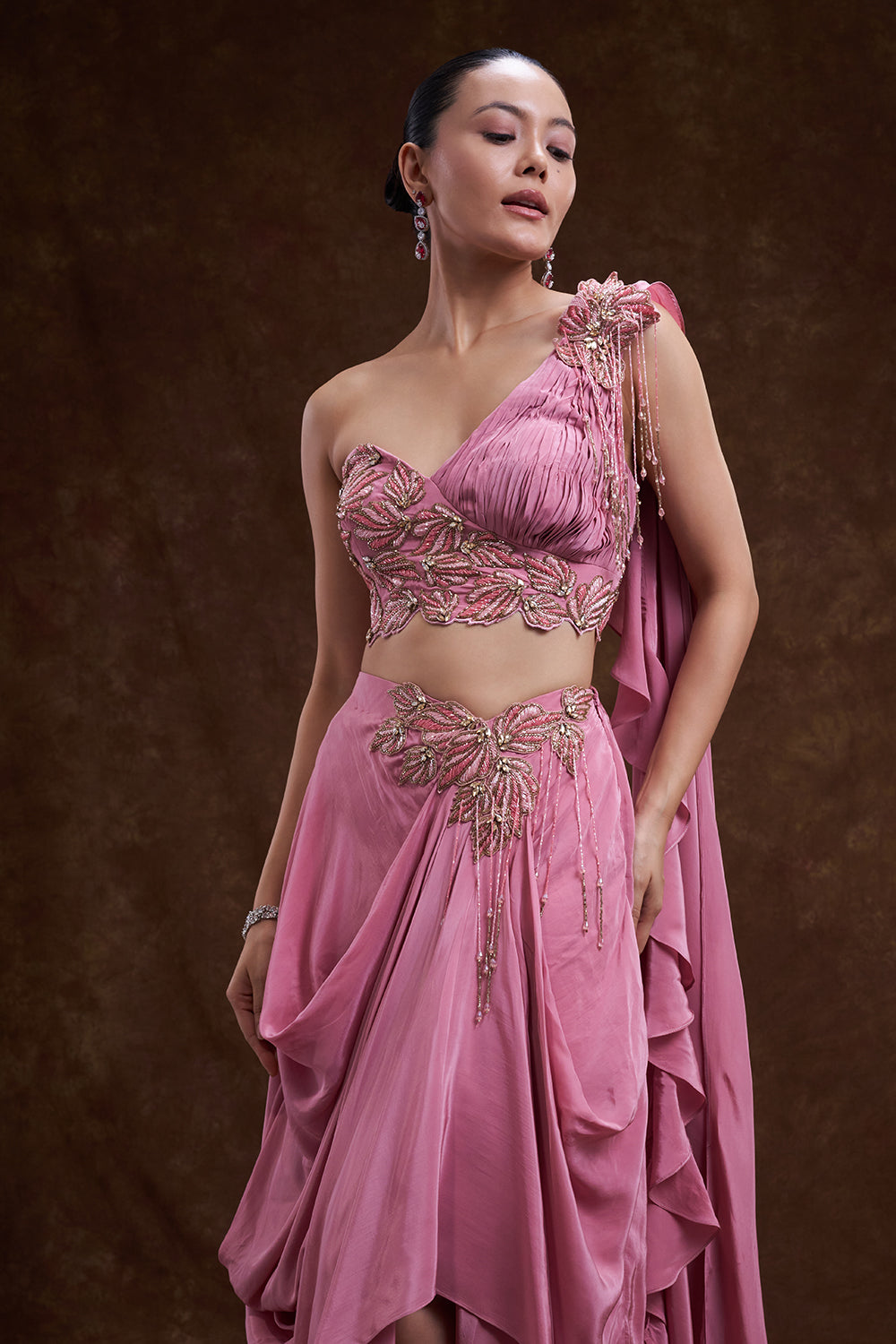 Salmon Pink Embellished Drape Skirt Set with Cape
