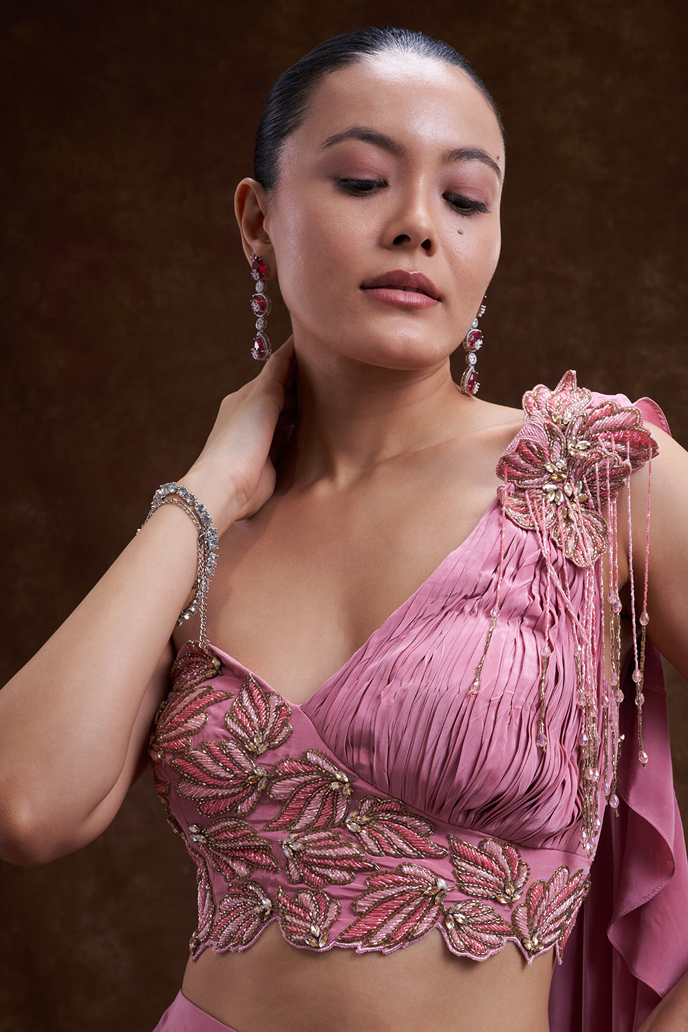 Salmon Pink Embellished Drape Skirt Set with Cape