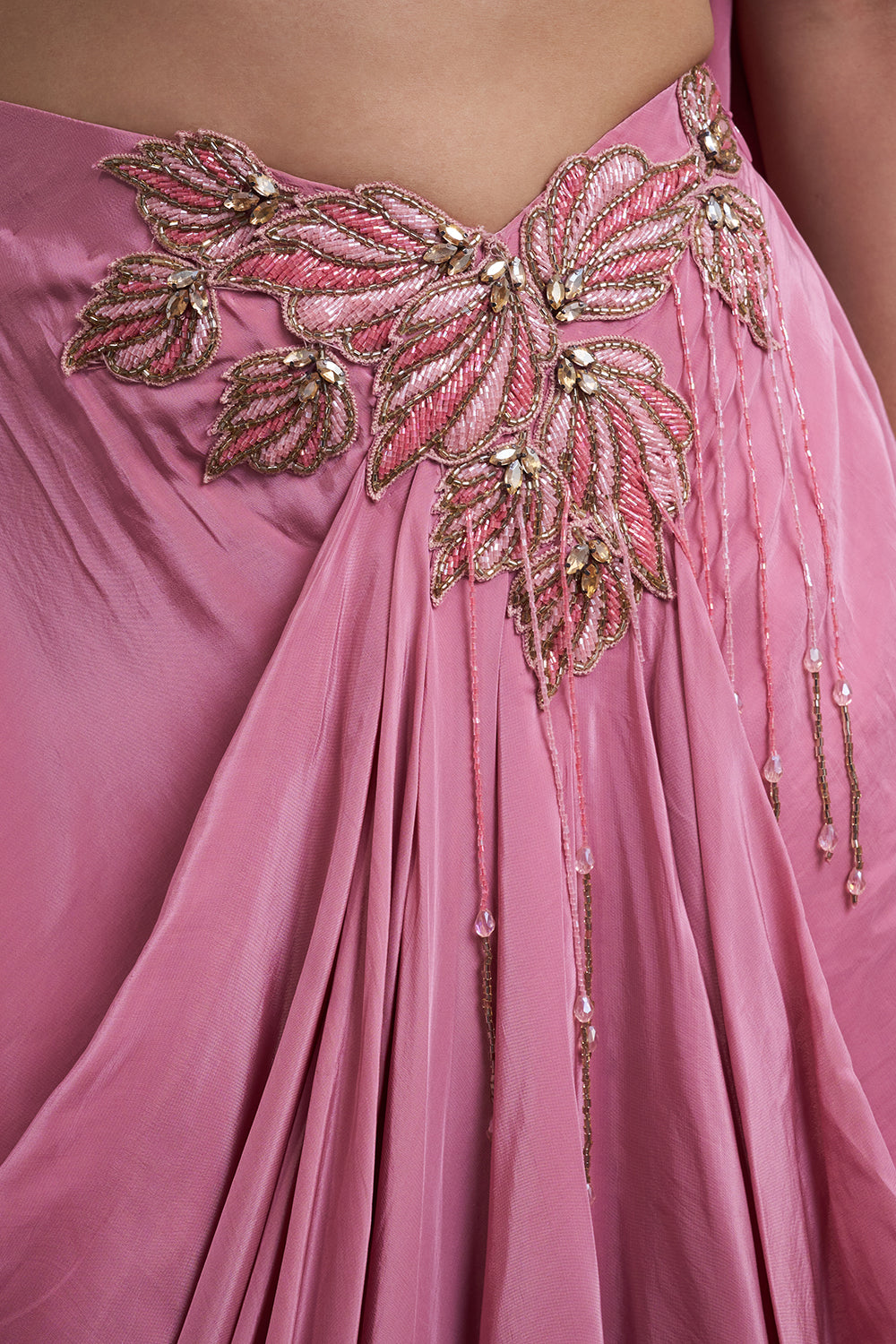 Salmon Pink Embellished Drape Skirt Set with Cape