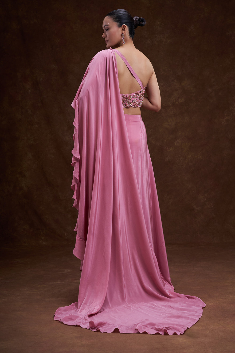 Salmon Pink Embellished Drape Skirt Set with Cape