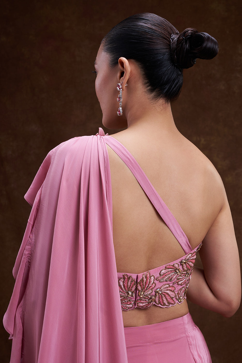 Salmon Pink Embellished Drape Skirt Set with Cape